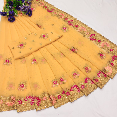 MIYANIFAB Embroidered Bollywood Georgette Saree(Beige)