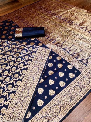 Omsaiarts Woven Banarasi Jacquard, Pure Silk Saree(Dark Blue, White)