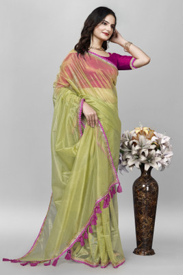 LADY SHOPI Solid/Plain Bollywood Net Saree(Light Green)