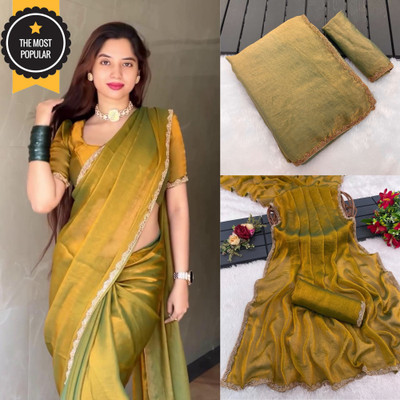 SAI LEELA CREATION ART Embellished, Temple Border, Solid/Plain, Applique Bollywood Chiffon, Jimmy choo Saree(Gold, Yellow)