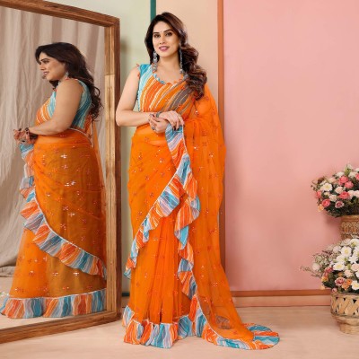 Peachmode Embroidered Bollywood Net Saree(Orange)