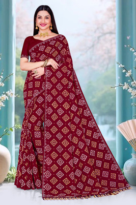 sarees Printed, Geometric Print Bandhani Georgette Saree(Maroon)
