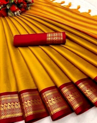 SELESTASAREES Self Design, Solid/Plain, Embellished, Woven Banarasi Jacquard, Cotton Silk Saree(Yellow)