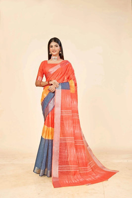 Rachna Printed Daily Wear Linen Saree(Orange)