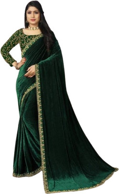 SNH EXPORT Self Design Bollywood Velvet Saree(Green)