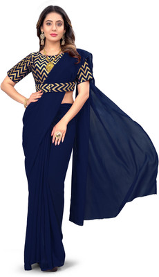 NAKSHCRETION Solid/Plain Bollywood Georgette Saree(Dark Blue)