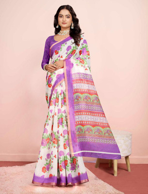HangerStories Printed Kanjivaram Pure Cotton, Cotton Linen Saree(White, Purple)