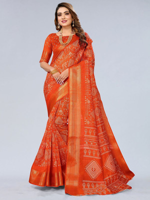 Moda Rapido Printed Bandhani Cotton Blend Saree(Orange)
