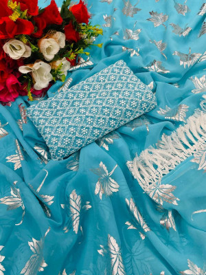 Vikash fab Floral Print Bollywood Georgette Saree(Light Blue)