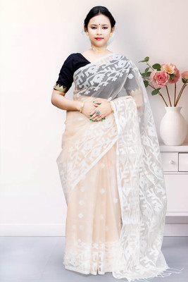 Sandhya Saree Creations Woven Handloom Muslin Saree(Cream)