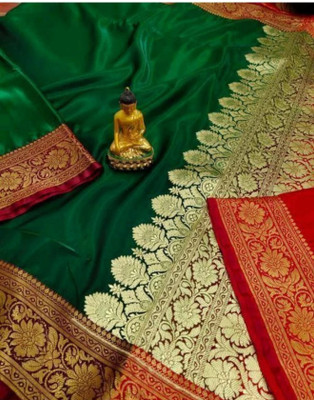 NAZABSAREES Woven Banarasi Handloom Satin Saree(Dark Green)