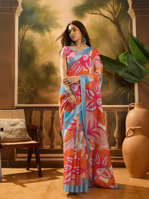 ShopGlobal Printed Banarasi Pure Cotton Saree(Multicolor)