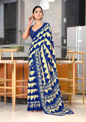 Divastri Printed Daily Wear Cotton Blend Saree(Cream, Blue)