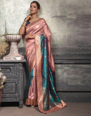 Samah Woven, Embellished, Self Design Banarasi Art Silk Saree(Pink, Green)