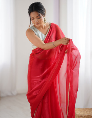 Samah Dyed, Embellished Bollywood Jimmy choo, Chiffon Saree(Red)