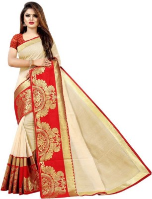 FLORINEST FASHION Self Design Banarasi Cotton Blend Saree(Cream)