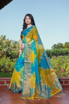 KOTHARI LGF Solid/Plain Bandhani Organza Saree(Blue)
