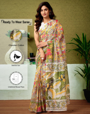 Samah Printed Sambalpuri Chanderi, Cotton Blend Saree(Yellow, Green)
