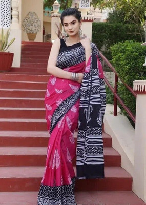 Alexa Fashion Floral Print Daily Wear Cotton Blend Saree(Pink)