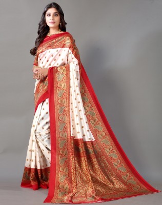 ShriSaree Floral Print Banarasi Cotton Silk Saree(White, Red)