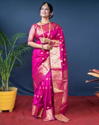 Divastri Woven, Embellished Banarasi Silk Blend, Jacquard Saree(Pink, Gold)