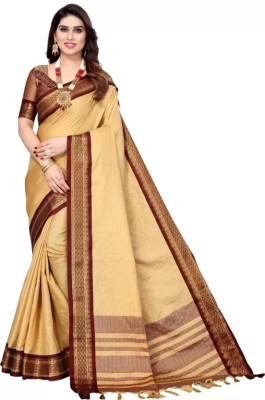 RUHKRUSH Checkered, Woven, Embellished Banarasi Cotton Silk, Jacquard Saree(Cream, Maroon)