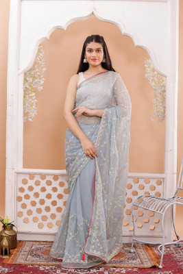 MSC TRENDLINE SAREES Embroidered, Self Design Bollywood Chiffon Saree(Grey)