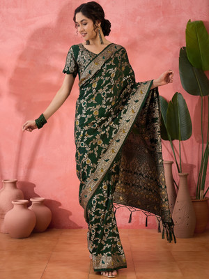 Sangria Woven Saree with Attached Blouse Jacquard Saree(Green)
