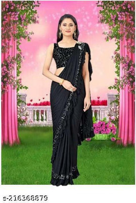 PLEXSTAR Solid/Plain Bollywood Lycra Blend Saree(Black)