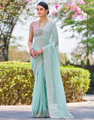 Satrani Embroidered, Embellished Bollywood Georgette Saree(Light Blue, Pink, Silver)