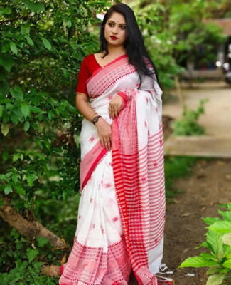 DPTEXTILE Woven Handloom Pure Cotton Saree(White)