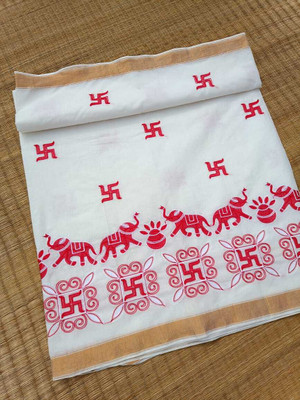 Happy Creation Printed Jamdani Handloom Cotton Blend Saree(White)