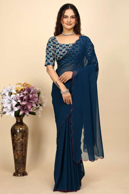 STITCH N SOLUS Solid/Plain Daily Wear Georgette Saree(Blue)