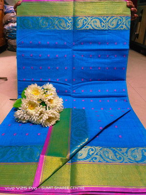 Moumitasaree Solid/Plain Tant Pure Cotton Saree(Light Blue)