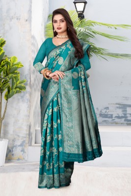 Tejanient Floral Print Banarasi Jacquard Saree(Light Blue)