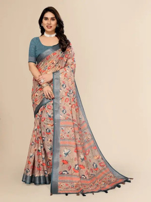Shree Ganesh Floral Print Bollywood Cotton Linen Saree(Multicolor)