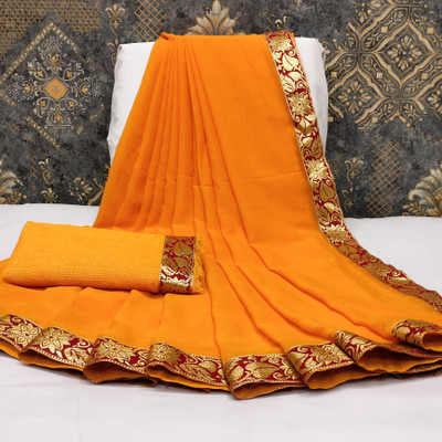 Kanooda Prints Solid/Plain Bollywood Chiffon Saree(Mustard)