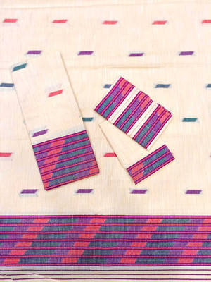 agarvalsilk mils Woven, Striped, Self Design Mekhela Chador Cotton Blend Saree(Cream)