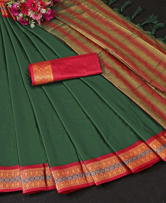 KHODALSAREEFEB Solid/Plain, Woven Banarasi Cotton Silk Saree(Green)