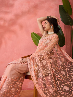 Sangria Embroidered Kalamkari Net Saree(Orange)