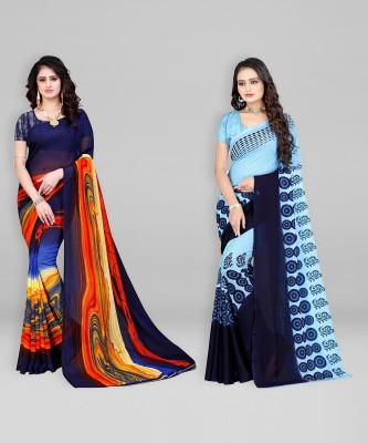 Leelavati Printed Daily Wear Georgette Saree(Pack of 2, Dark Blue, Light Blue)