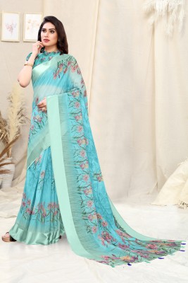 MIRCHI FASHION Printed, Floral Print Daily Wear Cotton Blend Saree(Light Blue, Grey)