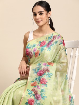 Divastri Floral Print Banarasi Cotton Blend Saree(Light Green)