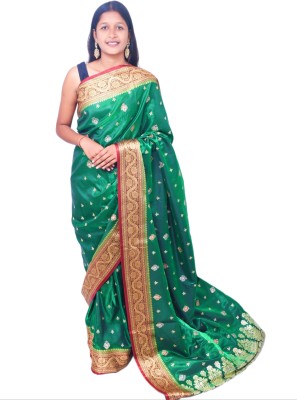 Ansari Fabrics Printed Kanjivaram Satin Saree(Dark Green)