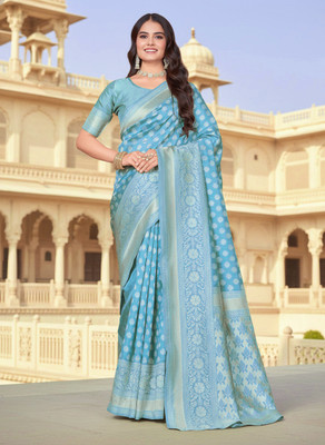 Sariya Woven Banarasi Silk Blend Saree(Light Blue)