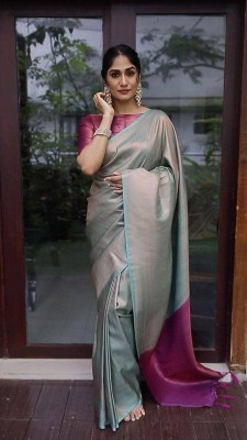 Pervas Woven, Solid/Plain, Embellished, Self Design Kanjivaram Cotton Silk, Pure Silk Saree(Grey, Pink)