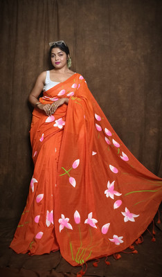 Abharani Saree Kuthir Hand Painted Bollywood Cotton Blend Saree(Orange)