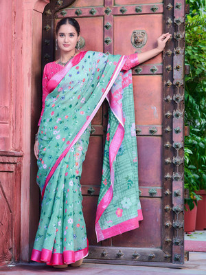 ANOUK Printed Daily Wear Linen Saree(Blue)