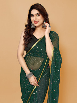FABMORA Embellished, Printed Bollywood Chiffon Saree(Dark Green)