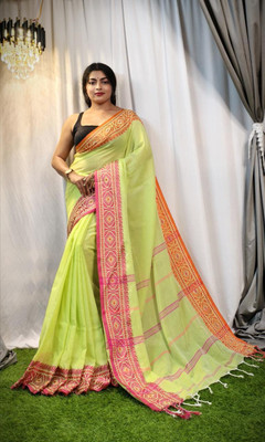 RRIDHI CREATION Woven, Geometric Print, Solid/Plain Handloom Cotton Blend Saree(Light Green)